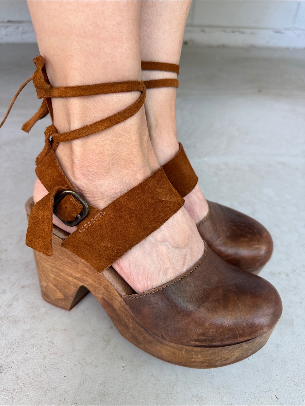 Brown Suede & Leather Tie-Ankle Clog Heels - Women's Free People 36